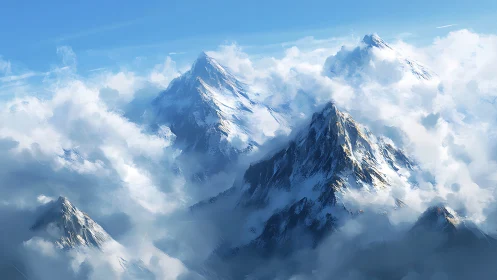 Sunlit alpine peaks rise through dense luminous cloud bands