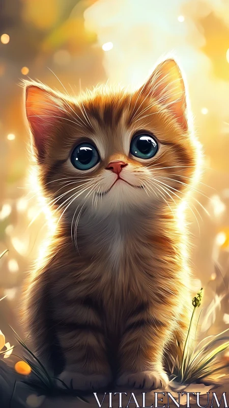 Illustration of kitten with oversized eyes in golden atmospheric setting