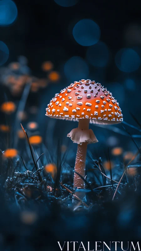 Bioluminescent-style macro of fly agaric under cool bokeh field.