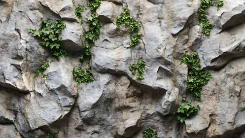 Clinging green ivy softens a rugged stone cliff face