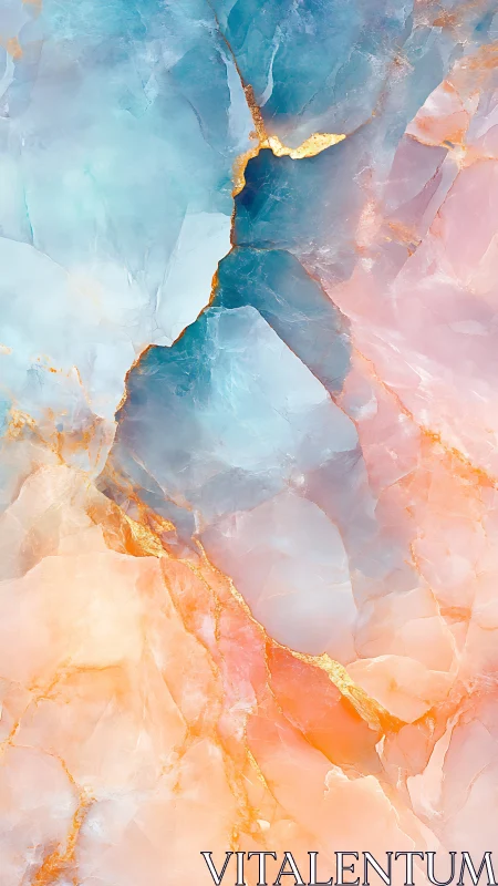 Iridescent pastel marble with luminous golden fissures.