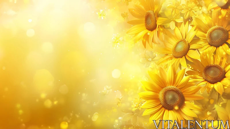 Radiant sunflowers with luminous golden bokeh field.