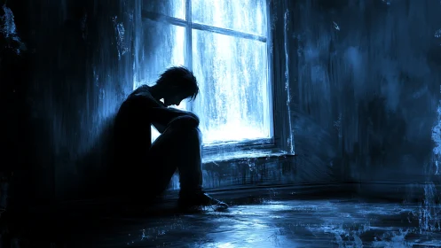 Quiet blue moment as a lone figure rests by a rainy window