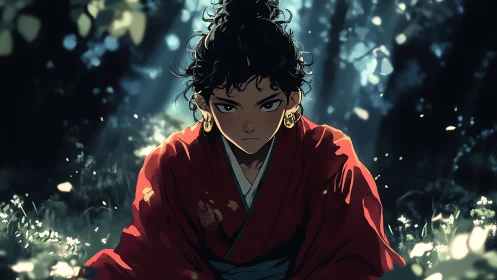 Warrior in red robe kneels in sunlit forest clearing