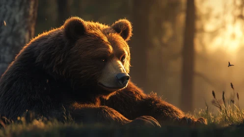 Golden-hour forest bear with volumetric backlighting study.
