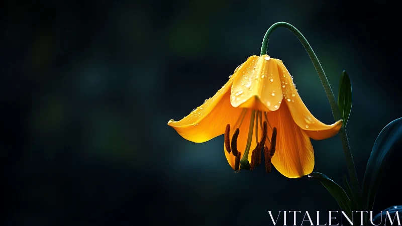 Droplets whisper over a bowed golden lily in twilight hush