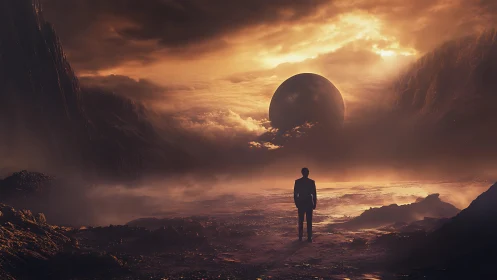 Solitary dreamer contemplates a burning eclipse horizon