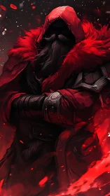 Mysterious red-hooded warrior wrapped in fiery shadows.