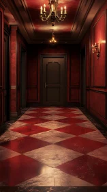 Red-lit luxury hallway glows with ornate chandeliers.