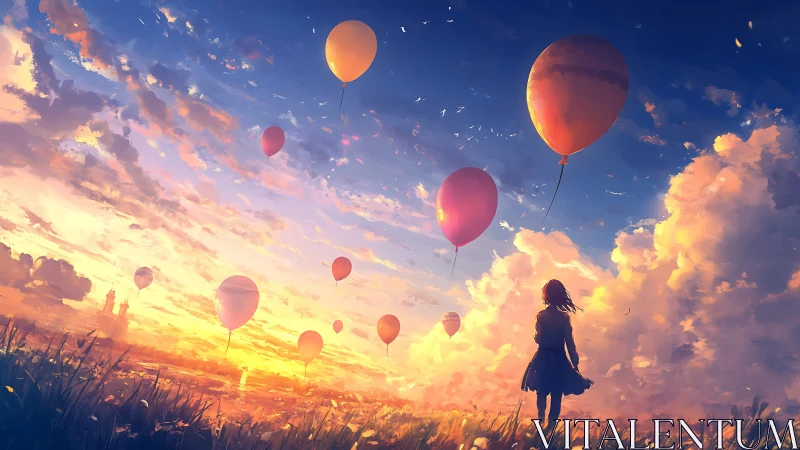 Sunset balloons drift while a quiet dreamer measures the sky