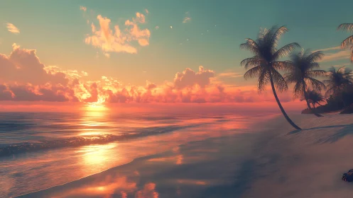 Sunset light over calm tropical shoreline with palms.
