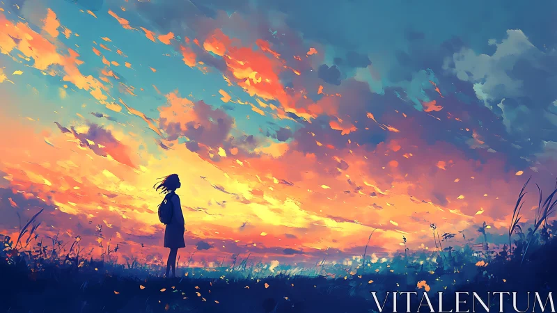 Girl beneath blazing sunset sky contemplates the horizon.