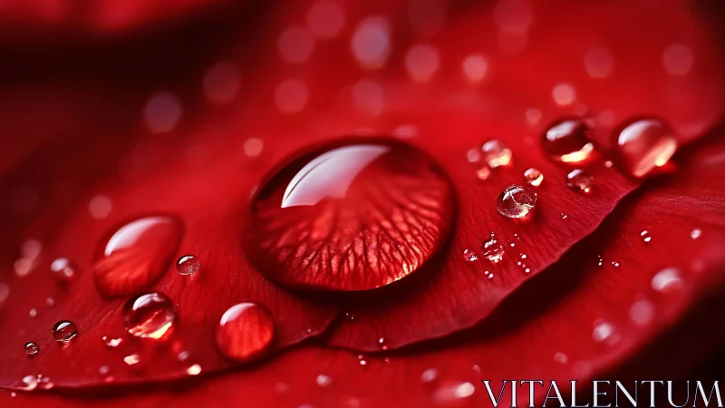 Macro water droplets on red flower petal with shallow focus