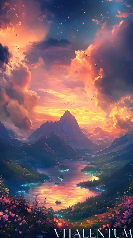 Luminous alpine lake at sunset with ethereal sky rendering.