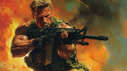 Fierce action hero charges forward through blazing chaos