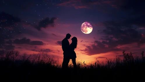 Silhouetted Couple Under Full Moon at Twilight.