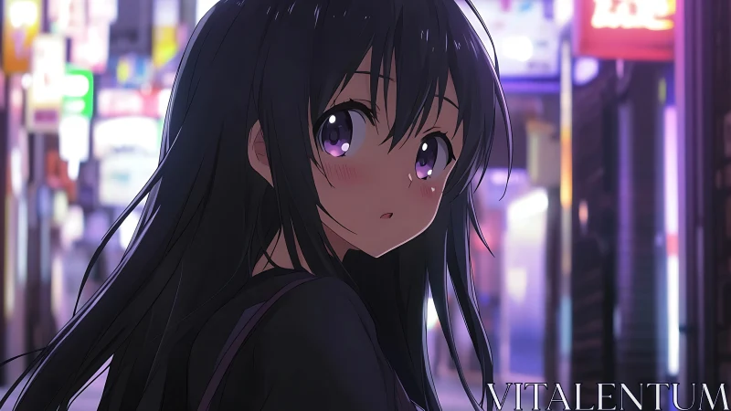 Anime girl on illuminated urban street at night, rear view.