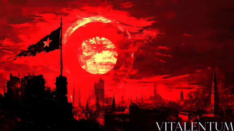 Red eclipse engulfs a war-torn city skyline in shadow.