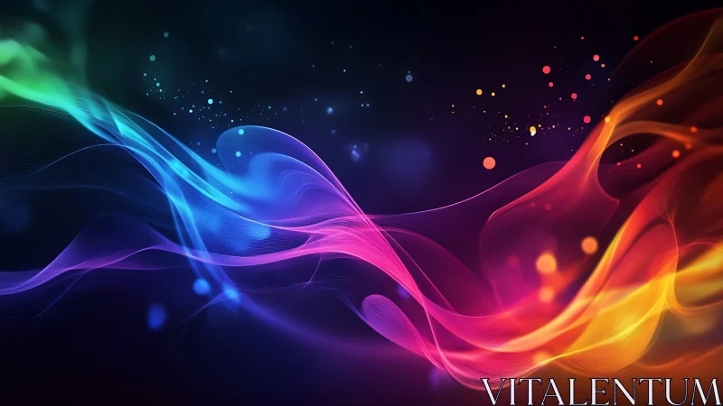 Multicolor abstract light waves on dark gradient background.