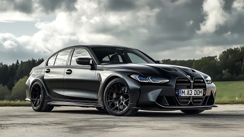 Matte black BMW sports sedan under moody overcast sky.