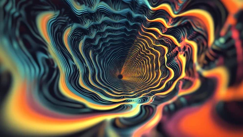 Fractal vortex tunnel with iridescent fluid wave interference.