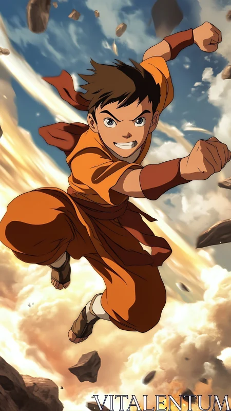 Young martial artist in midair punch amid flying debris.