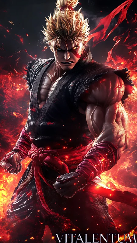 Flaming warrior stands defiant amid swirling inferno light