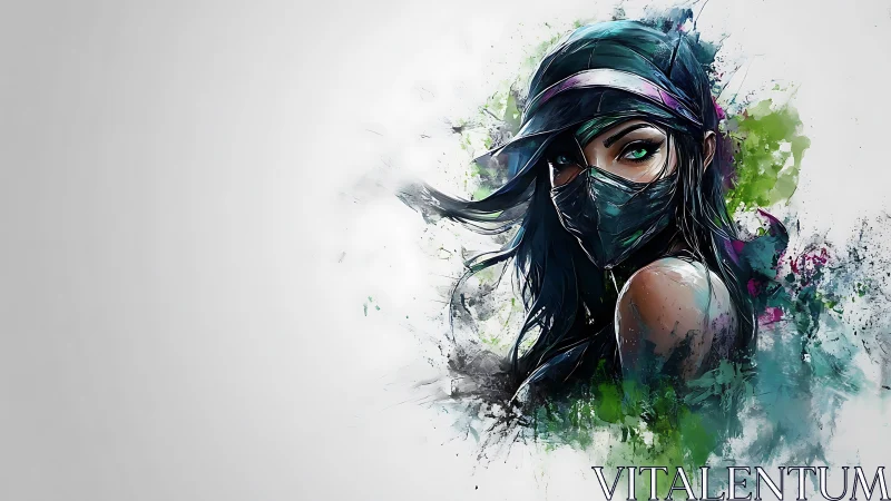 Masked cyberpunk heroine emerges from vivid color storm.