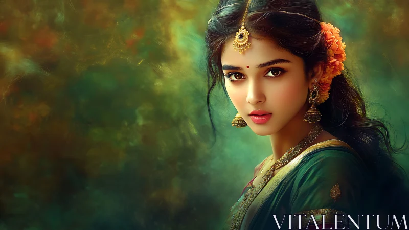 Graceful young woman in traditional attire, softly glowing.