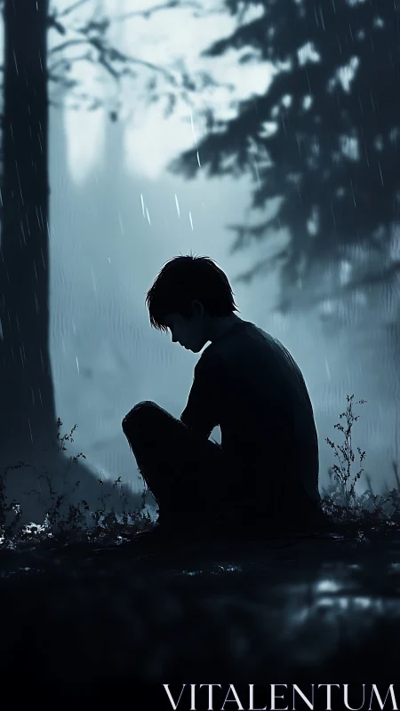 Solitary boy silhouette in rainy nocturnal forest scene.