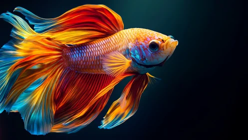 Flame-tailed betta drifts like molten silk in midnight water.