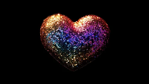 Glittering multicolor heart sparkles against deep black void.