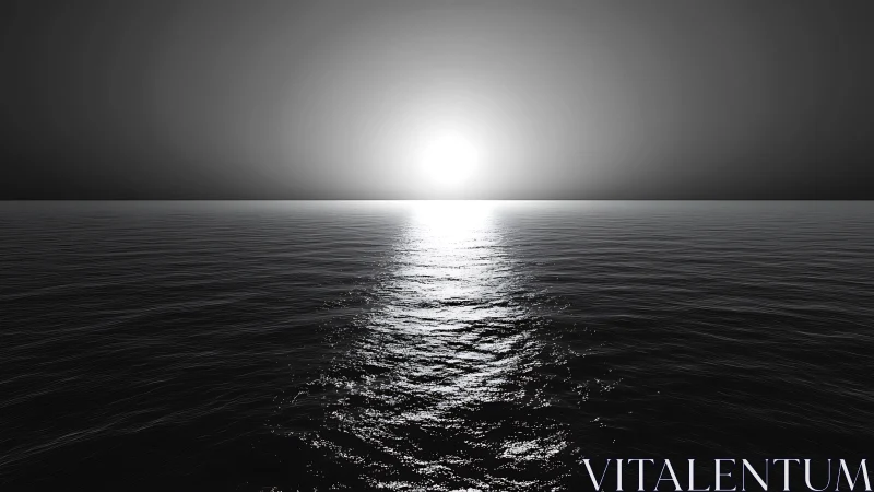 Monochrome ocean horizon with high-contrast specular sunset rendering