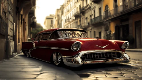 Low-slung red classic car cruising narrow European street.