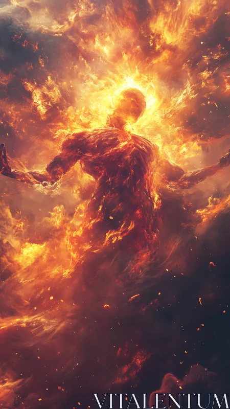 Radiant fireborn figure rising through molten skies.