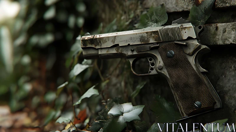 Photorealistic weathered pistol amid overgrown ivy textures.