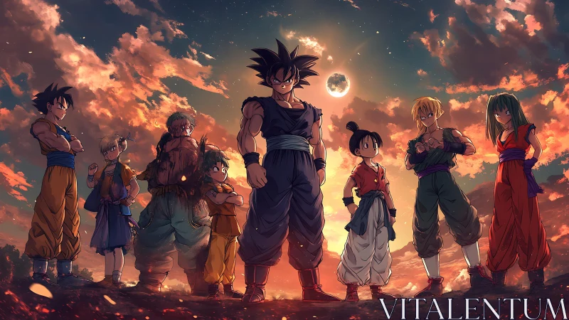 Anime warriors stand united under burning twilight sky.