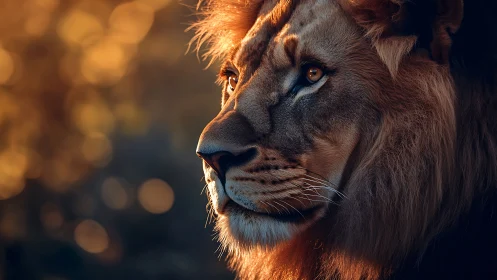 Majestic male lion in golden-hour profile with bokeh rim light