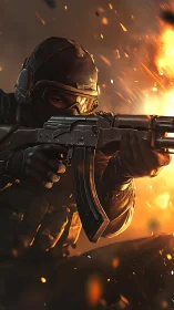 Tactical soldier aims rifle amid close-range explosion