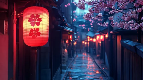 Red lanterns glow along rainy cherry blossom alleyway