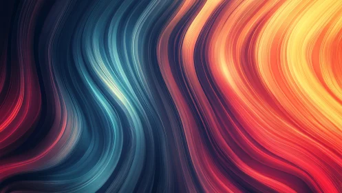 Flowing neon light waves blend cool blues and warm fire tones.