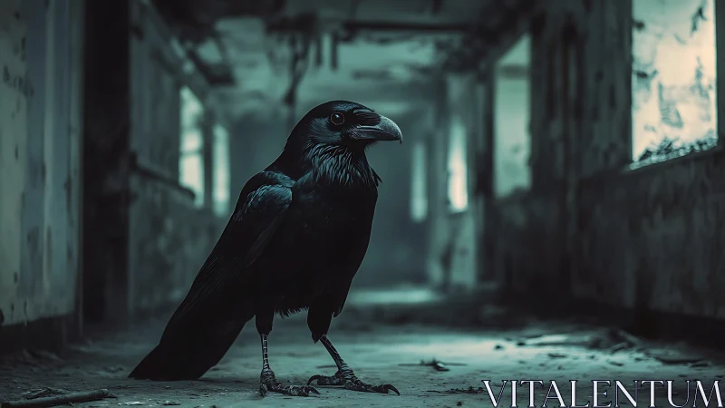 Black raven stands in decayed hallway of empty building.