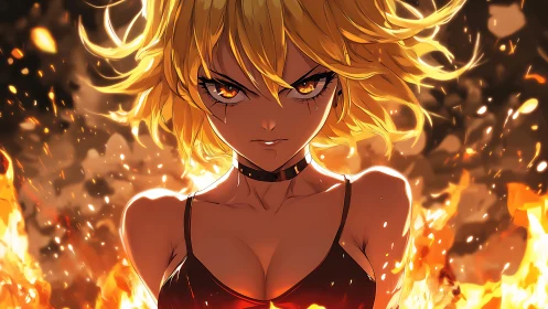 Fierce blonde anime girl standing in intense surrounding fire.