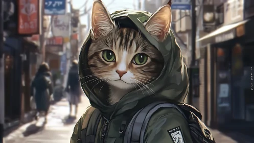 Anthropomorphic cat wearing military gear in urban setting