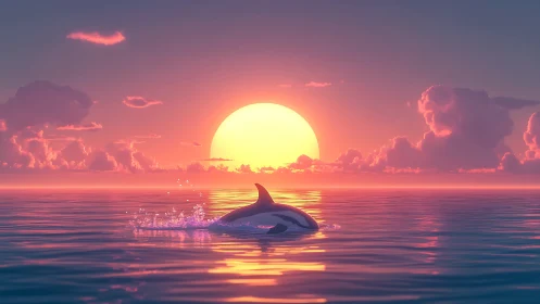 Sunset whale sketches glowing ripples across candy skies