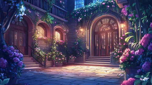 Evening blossoms cradle a glowing secret courtyard door