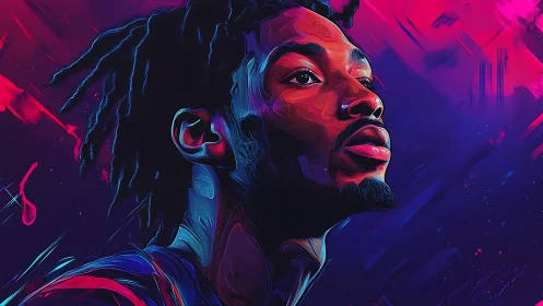 Digital portrait depicts male profile under magenta and blue light