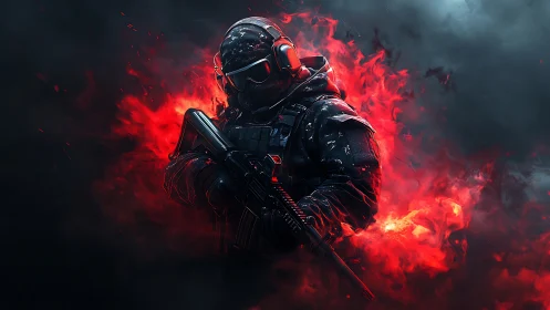 Tactical specter in crimson flames stalks the stormfront night.