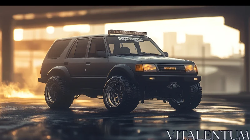 Photorealistic lifted SUV render with cinematic backlighting.