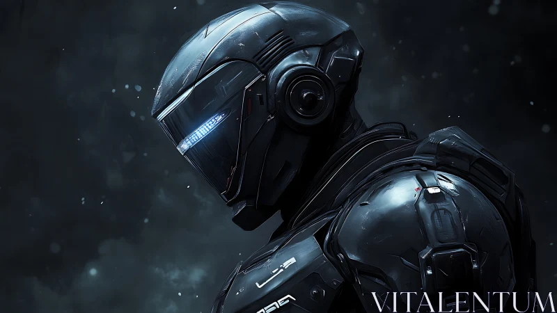 Armored cyber soldier profile under cold cinematic light.
